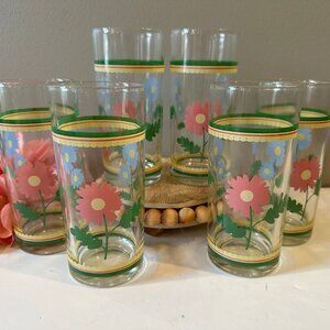 Vintage - Floral Tumbler - Blue and Pink Flowers - Set of 6 - 5 1/2" Tall